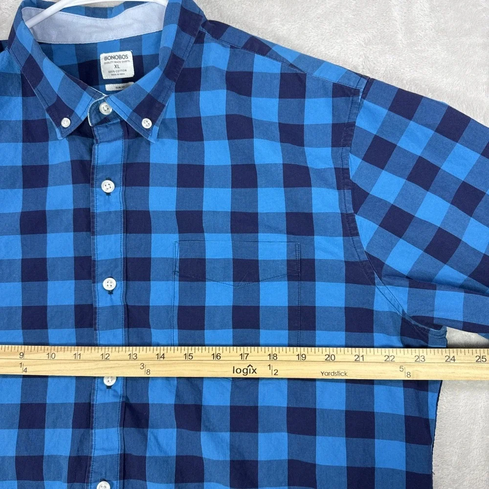 Bonobos Slim Fit Shirt Teal Blue Plaid Cotton Button Down Mens XLarge Modern .